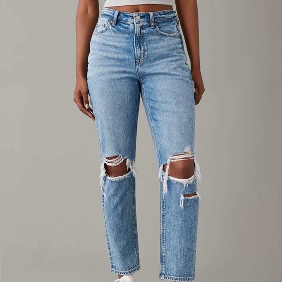 Ae Strigid Ripped Mom Jeans - Distressed Blue Denim Jeans - Picture 7 of 7